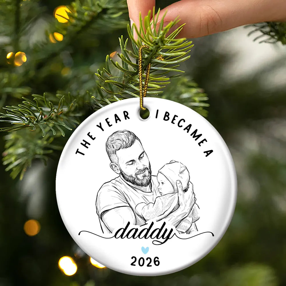 Art Design,Christmas,Custom Photo,First Christmas,Gift For Father,Gifts For Him,Happy,New Baby,New Dad,Photo - Pencil Sketch - Remove BG - Christmas Gift For New Dad - Personalized Custom Photo Pencil Sketch The Year I Became A Daddy Circle Ceramic Ornament