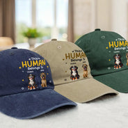 Pet Lovers, Pet Mom, Pet Dad, Happy - This Human Belongs To Pet Mom Pet Dad - Personalized Vintage Washed Denim Cap