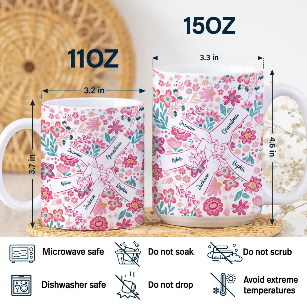 Gift For Mother,Gift For Grandma,Love,Icon - Boho Floral Hand In Hand Grandma Mom - Personalized White Edge-to-Edge Mug