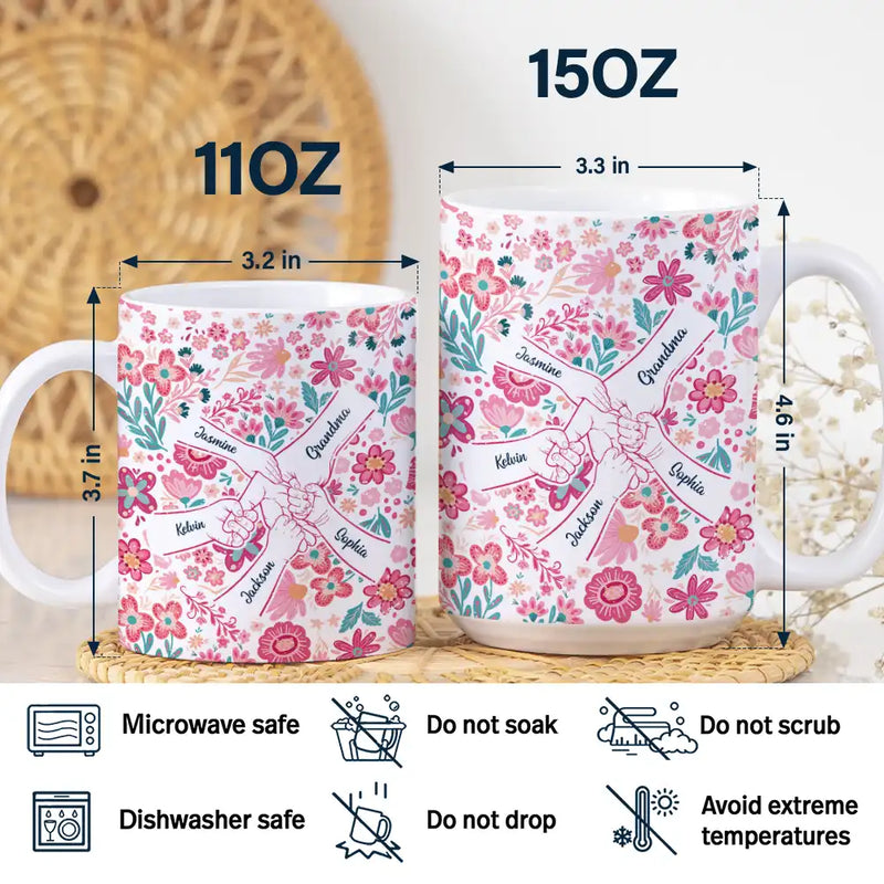 Gift For Mother,Gift For Grandma,Love,Icon - Boho Floral Hand In Hand Grandma Mom - Personalized White Edge-to-Edge Mug