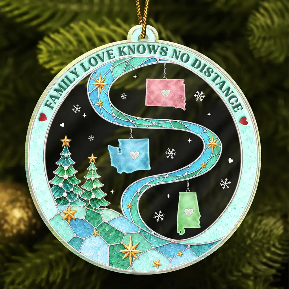 Christmas Gift For Long Distance Family - Personalized Love Knows No Distance Acrylic Ornament
