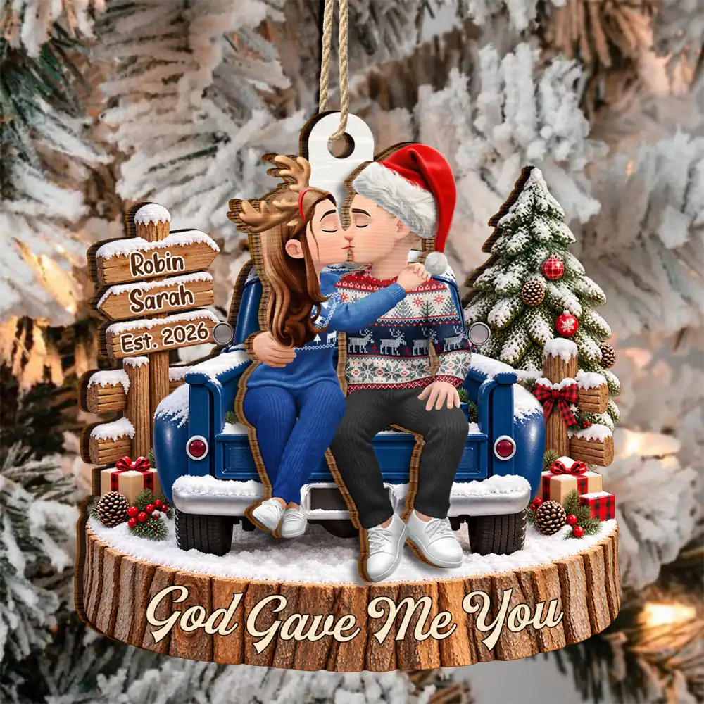 Christmas, Gift For Couples, Old Couples, Romantic, Vector - Christmas Gift For Couples - Personalized Farmhouse Red Truck 2-Layered Wooden Ornament