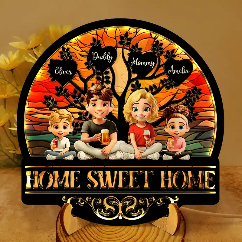 Parents, Family, Love, Happy - Home Sweet Home Family - Personalized LED Light Wooden Plaque