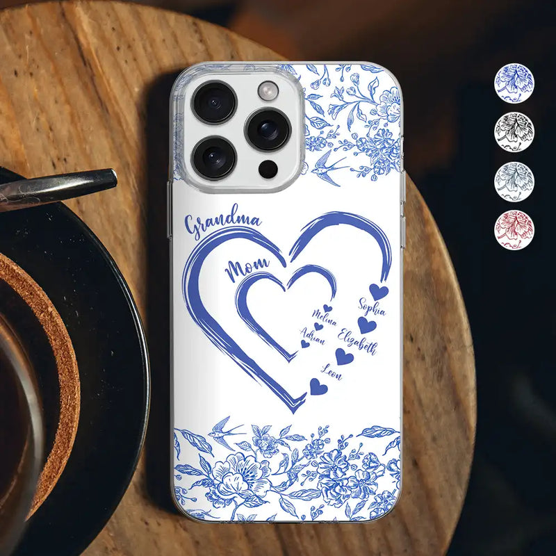 Gift For Grandma,Gift For Mother,Happy - Mom Grandma Heart We Love You Toile De Jouy Pattern - Personalized Clear Phone Case