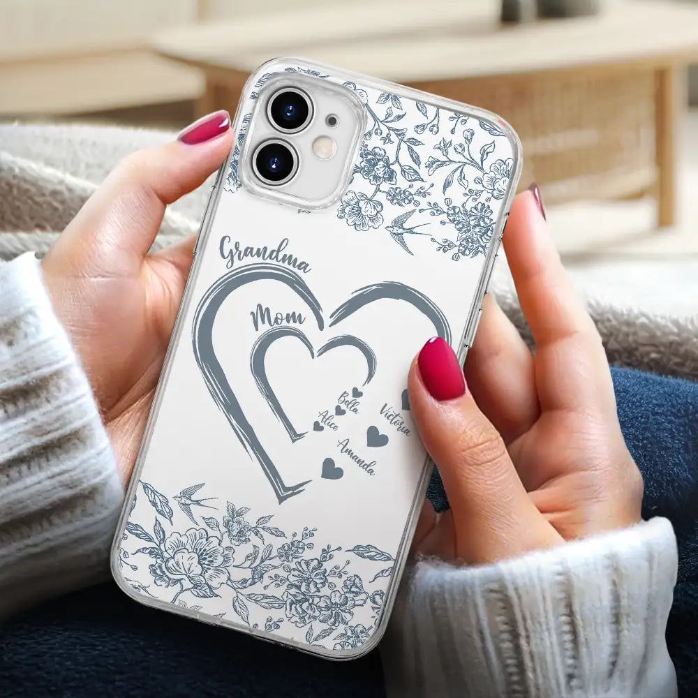Gift For Grandma,Gift For Mother,Happy - Mom Grandma Heart We Love You Toile De Jouy Pattern - Personalized Clear Phone Case