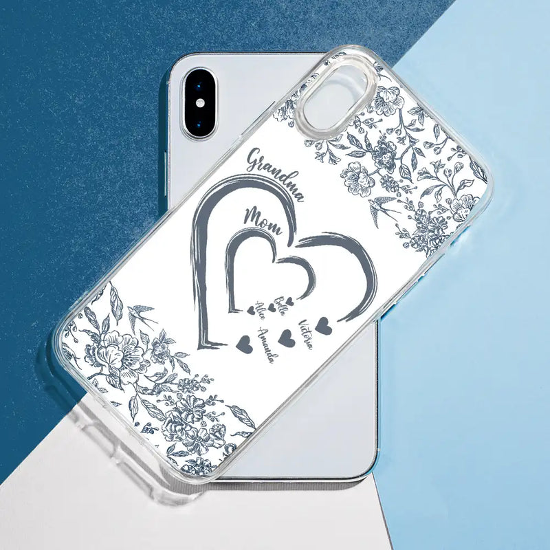 Gift For Grandma,Gift For Mother,Happy - Mom Grandma Heart We Love You Toile De Jouy Pattern - Personalized Clear Phone Case