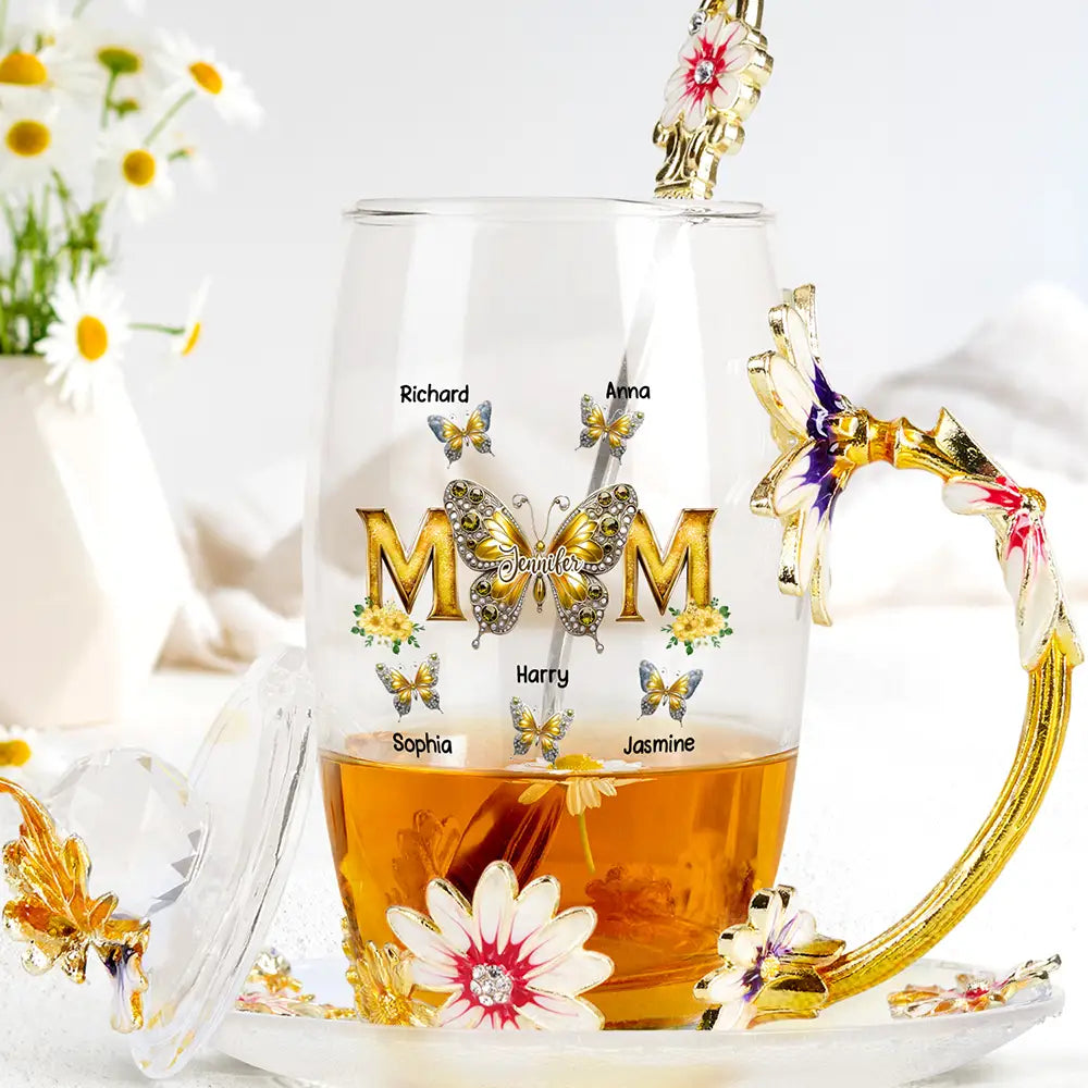 Mom And Children Butterflies - Personalized Glass Flower Tea Cup