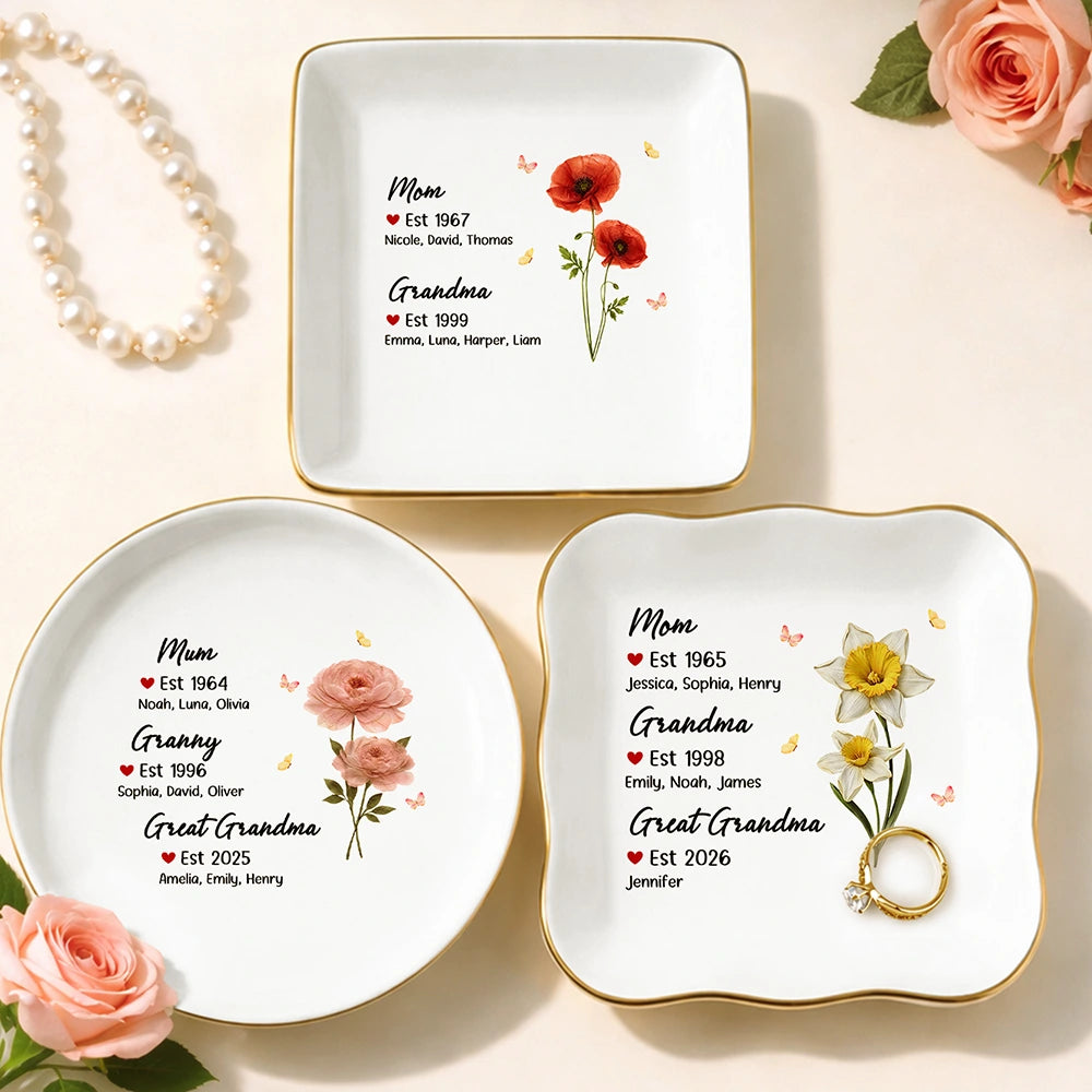 Gift For Women,Mom,Daughters (Adult),Gift For Mother,Gift For Grandpa - Mom Grandma Great Grandma Birth Month Flower - Personalized Ring Dish