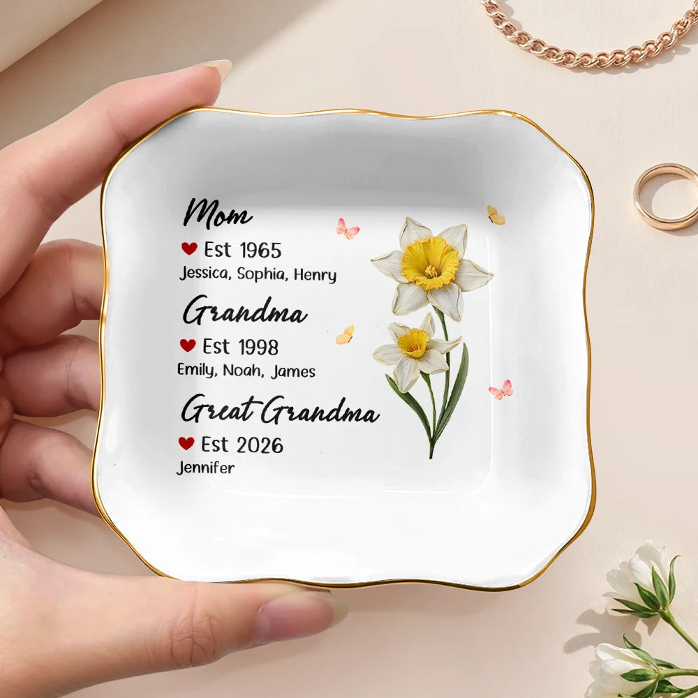 Gift For Women,Mom,Daughters (Adult),Gift For Mother,Gift For Grandpa - Mom Grandma Great Grandma Birth Month Flower - Personalized Ring Dish