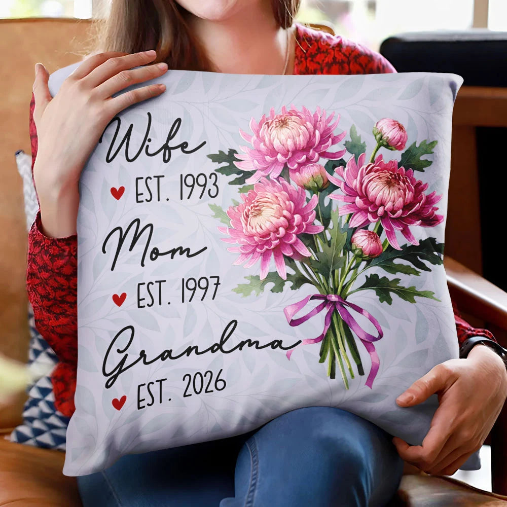 Gift For Wife, Gift For Mother, Gift For Grandma, Happy - Mom Grandma Great Grandma Watercolor Birth Flower - Personalized Pillow