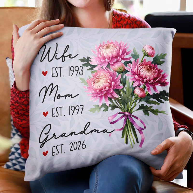 Gift For Wife, Gift For Mother, Gift For Grandma, Happy - Mom Grandma Great Grandma Watercolor Birth Flower - Personalized Pillow