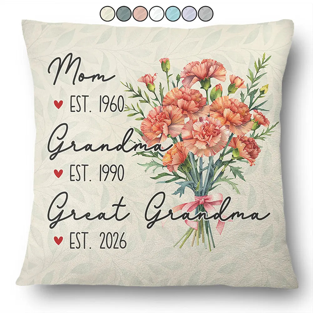 Gift For Wife, Gift For Mother, Gift For Grandma, Happy - Mom Grandma Great Grandma Watercolor Birth Flower - Personalized Pillow