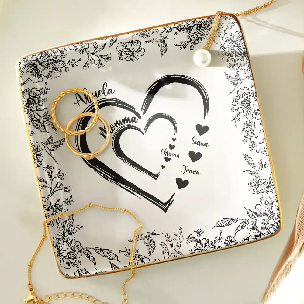 Gift For Grandma, Gift For Mother, Grandma - Grandkids, Happy - Mom Grandma Heart We Love You Toile De Jouy Pattern - Personalized Ring Dish