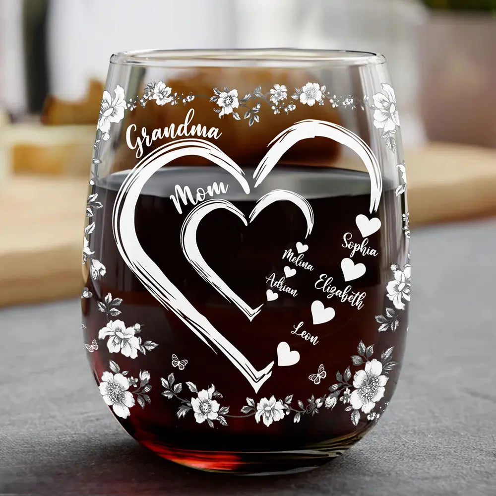 Mom Grandma Sweethearts Toile - Personalized Stemless Wine Glass