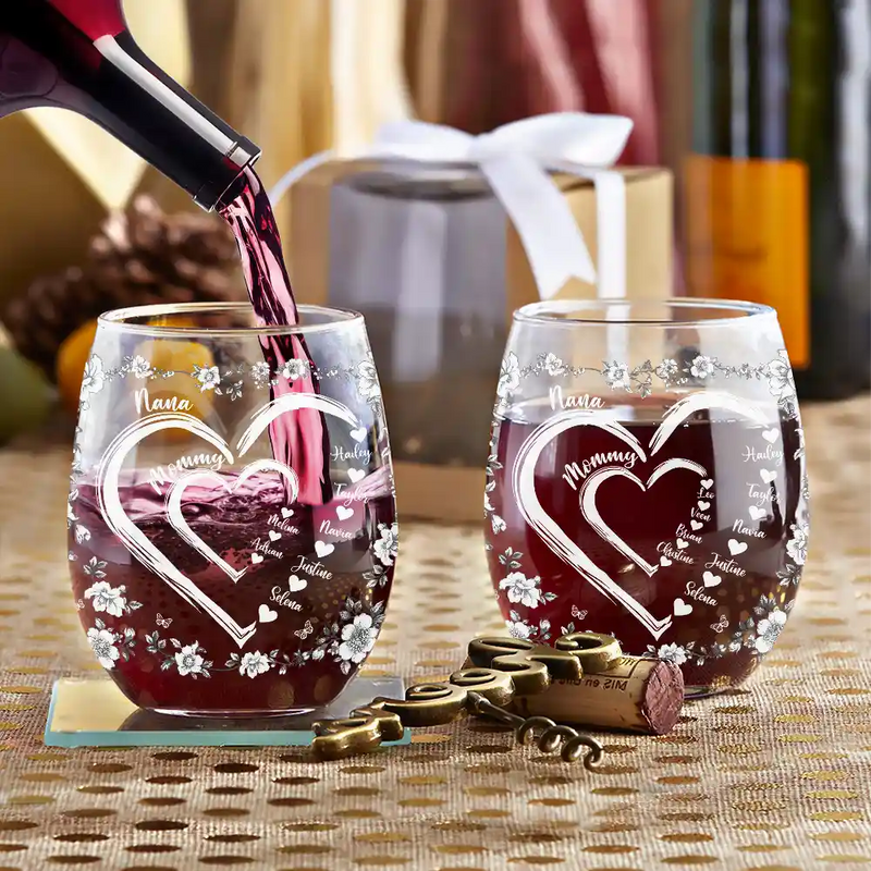 Gift For Wife,Gift For Mother,Gift For Grandma,Love,Family - Mom Grandma Sweethearts Toile - Personalized Stemless Wine Glass