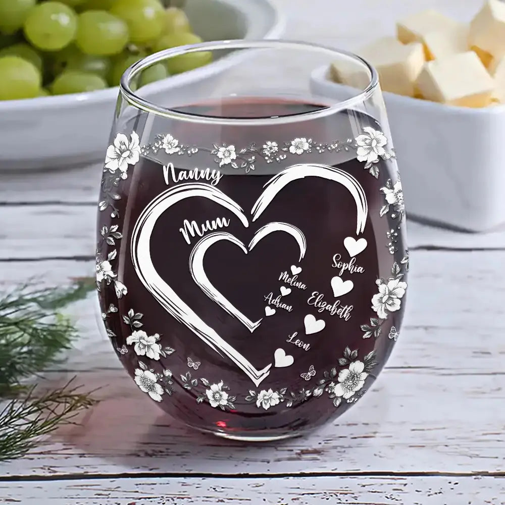 Gift For Wife,Gift For Mother,Gift For Grandma,Love,Family - Mom Grandma Sweethearts Toile - Personalized Stemless Wine Glass