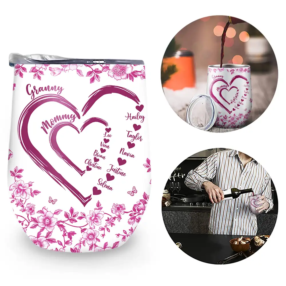 Gift For Wife,Gift For Mother,Gift For Grandma,Love,Family - Mom Grandma Sweethearts Toile - Personalized Wine Tumbler