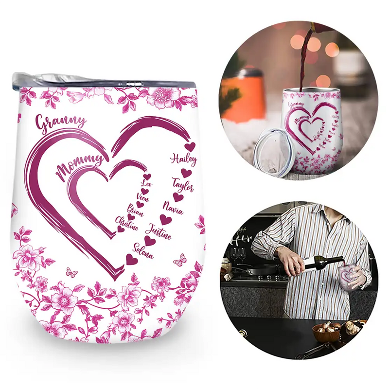 Gift For Wife,Gift For Mother,Gift For Grandma,Love,Family - Mom Grandma Sweethearts Toile - Personalized Wine Tumbler