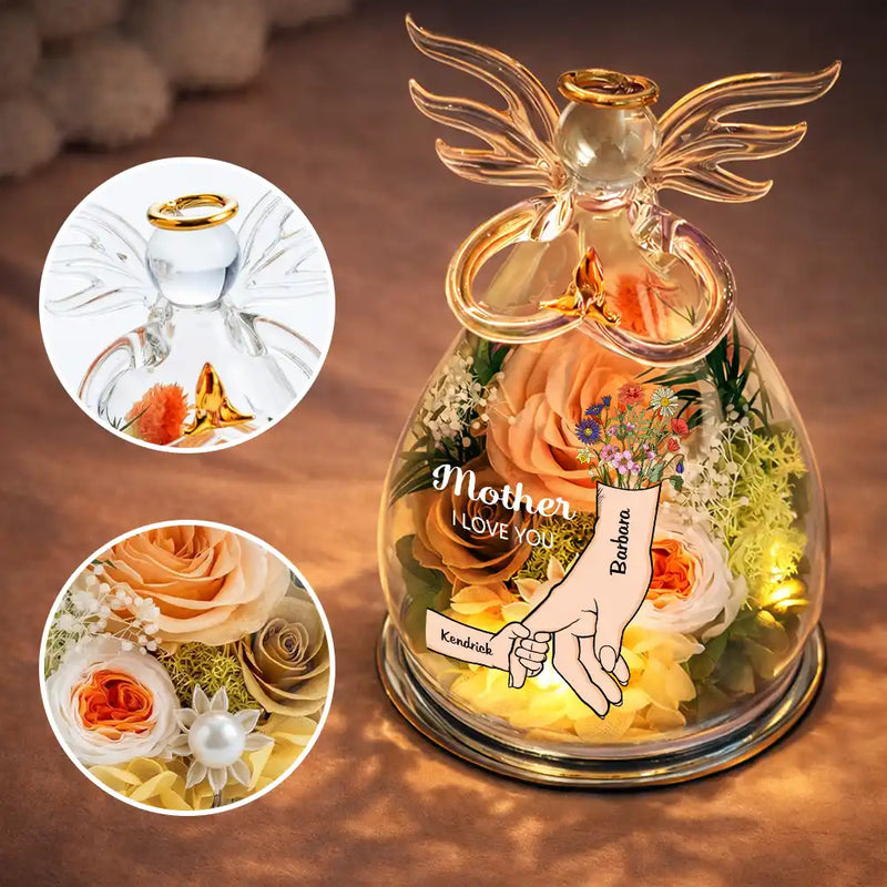 Gift For Grandma,Grandma - Grandkids,Happy - Mom Grandma We Love You - Personalized Flower In Glass Angel Figurine