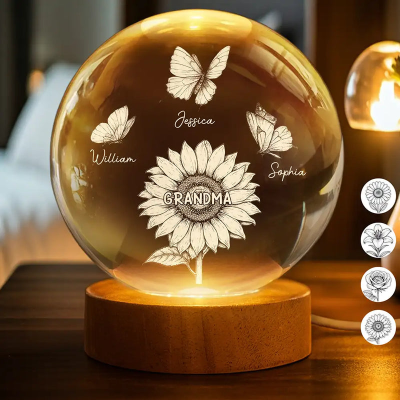 Happy,Love,Grandma - Grandkids,Mom - Children,Gift For Mother - Mom Grandma's Birth Flowers And Butterflies - Personalized Crystal Globe Lamp