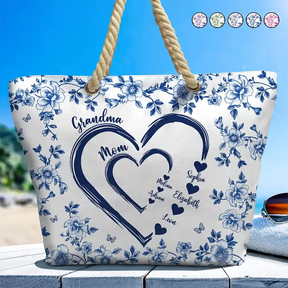 Mom Grandma Sweethearts Toile - Personalized Beach Bag