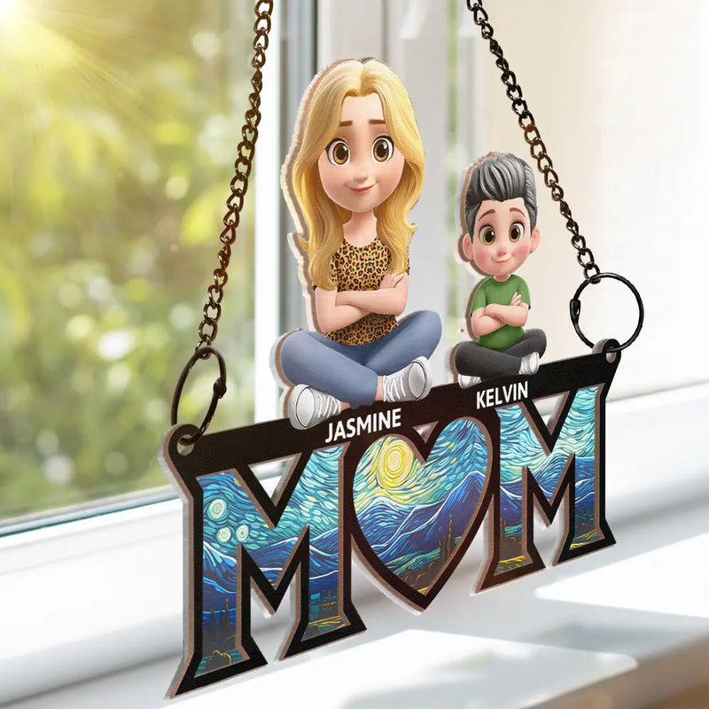 Gift For Mother, Mom - Children, Happy - Mom & Kids We Love You 3D Version Sitting - Personalized Window Hanging Suncatcher Ornament