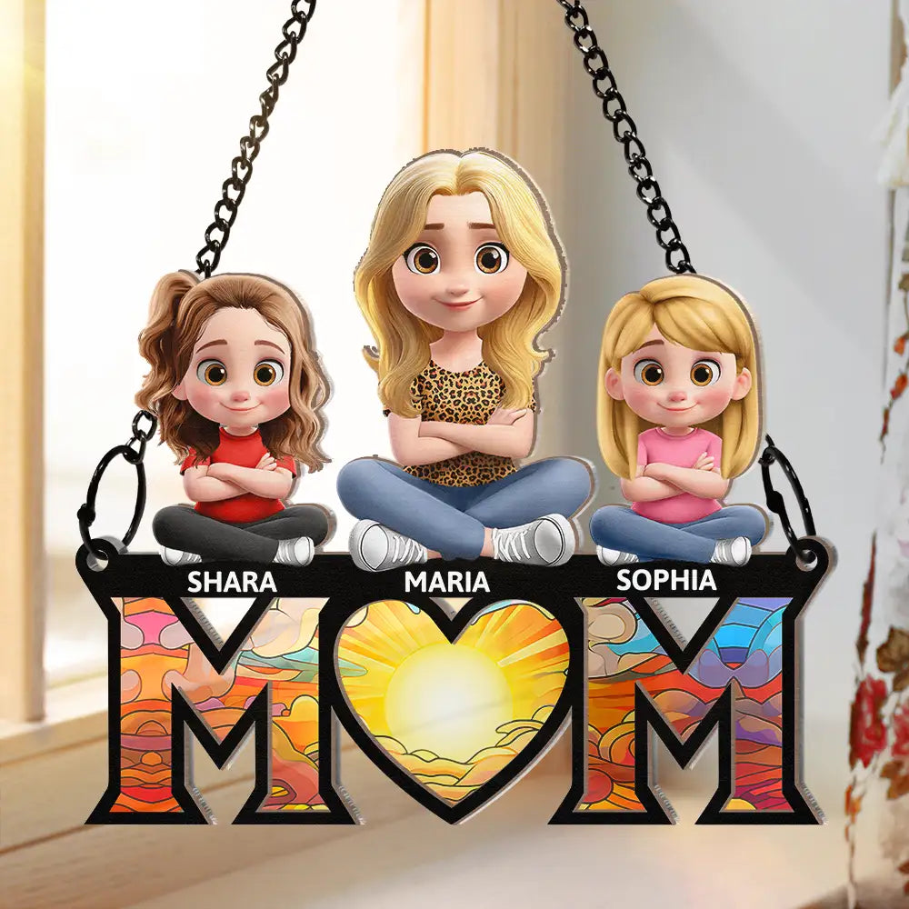 Mom & Kids We Love You 3D Version Sitting - Personalized Window Hanging Suncatcher Ornament