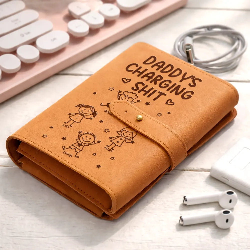 Gift For Kids,Grandma - Grandkids,Gift For Grandkids,Dad - Children,Mom - Children,Easter,Happy - Mommy's Daddy's Charging Sh*t - Personalized Leather Cable Bag