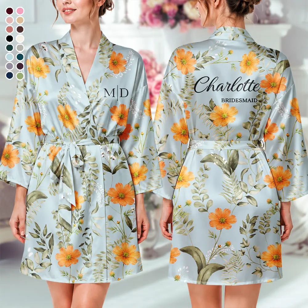 Monogram Birth Flower Bride, Bridesmaids, Mom, Daughter, Bachelorette - Personalized Satin Robe