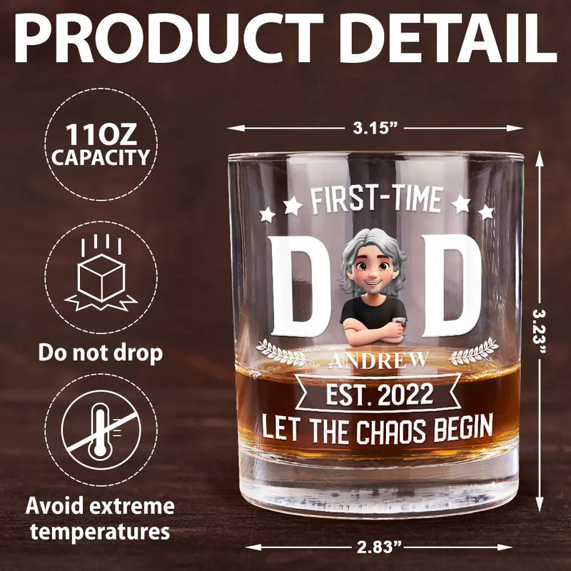 Gift For Husband, Gift For Yourself, Gift For Father, New Dad, New baby, Happy, Funny - Monogram First Time Dad Est - Personalized Whiskey Glass