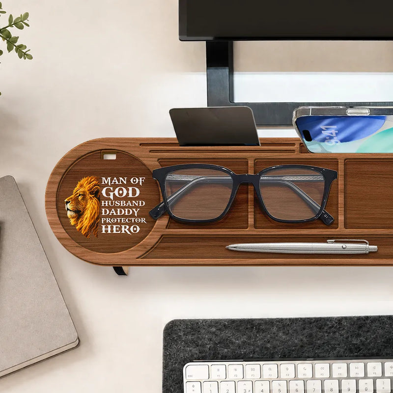 Gift For Men,Gift For Father,Gift For Husband,Gift For Couples,Gift For Boyfriend,Christian,Non-Eng,Icon,Monogram,Devoted - Monogram Initial Man Of God Husband Daddy Protector Hero - Personalized Desk Organizer