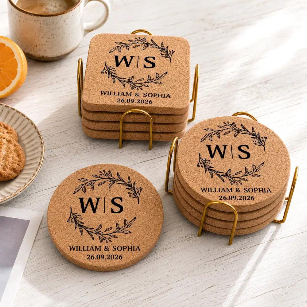 Romantic,Gift For Couples,Wedding,Monogram - Monogram Wedding Couple Name - Personalized Cork Coaster