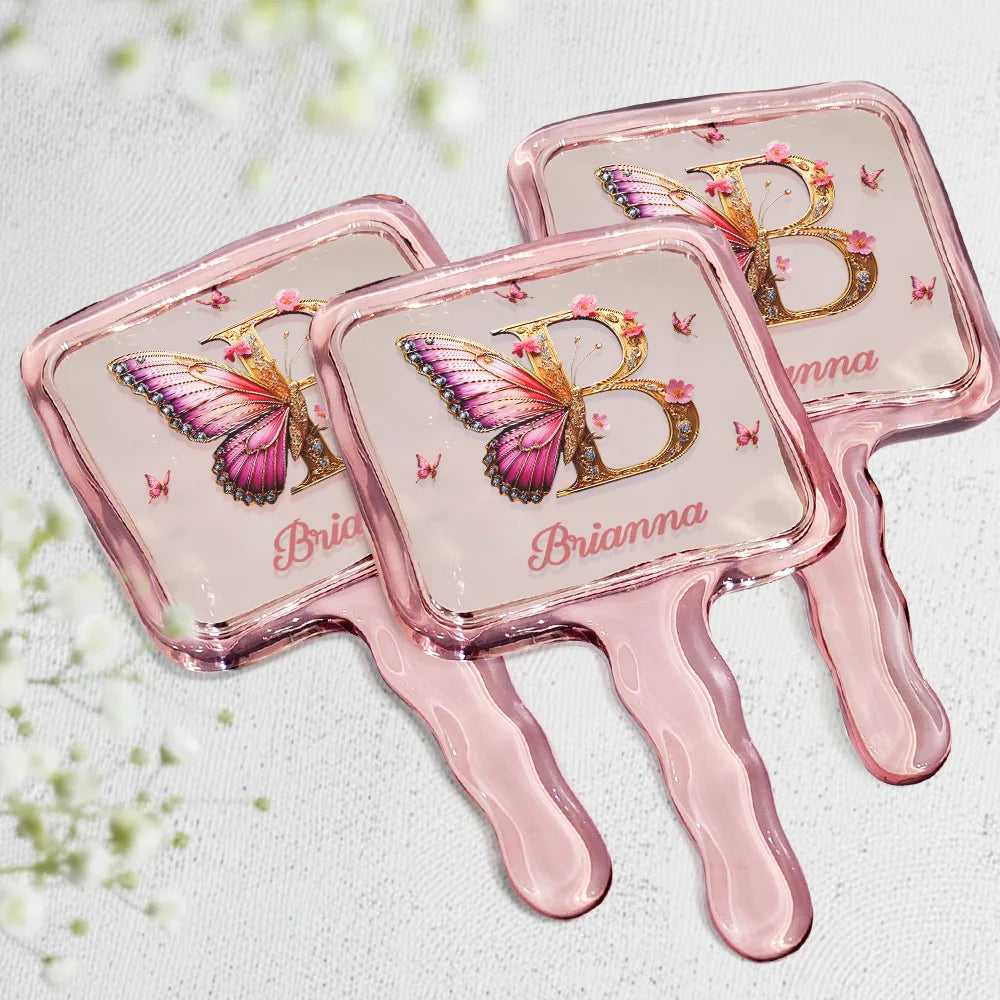 Gift For Yourself,Gift For Women,Happy,Gift For Daughter,Gift For Bestie,Gift For Sisters - Monogrammed Alphabet Butterfly - Personalized Handheld Mirror