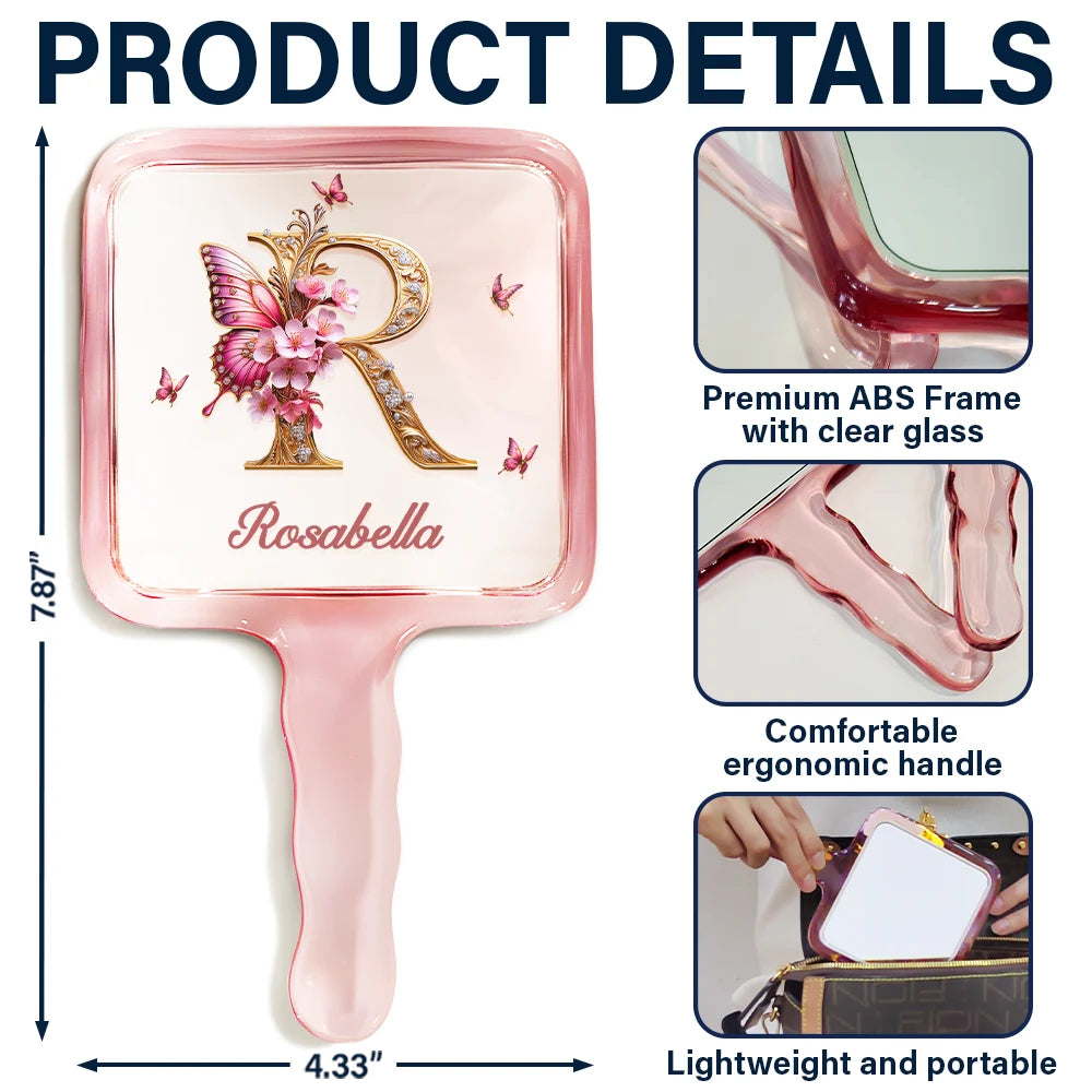 Gift For Yourself,Gift For Women,Happy,Gift For Daughter,Gift For Bestie,Gift For Sisters - Monogrammed Alphabet Butterfly - Personalized Handheld Mirror