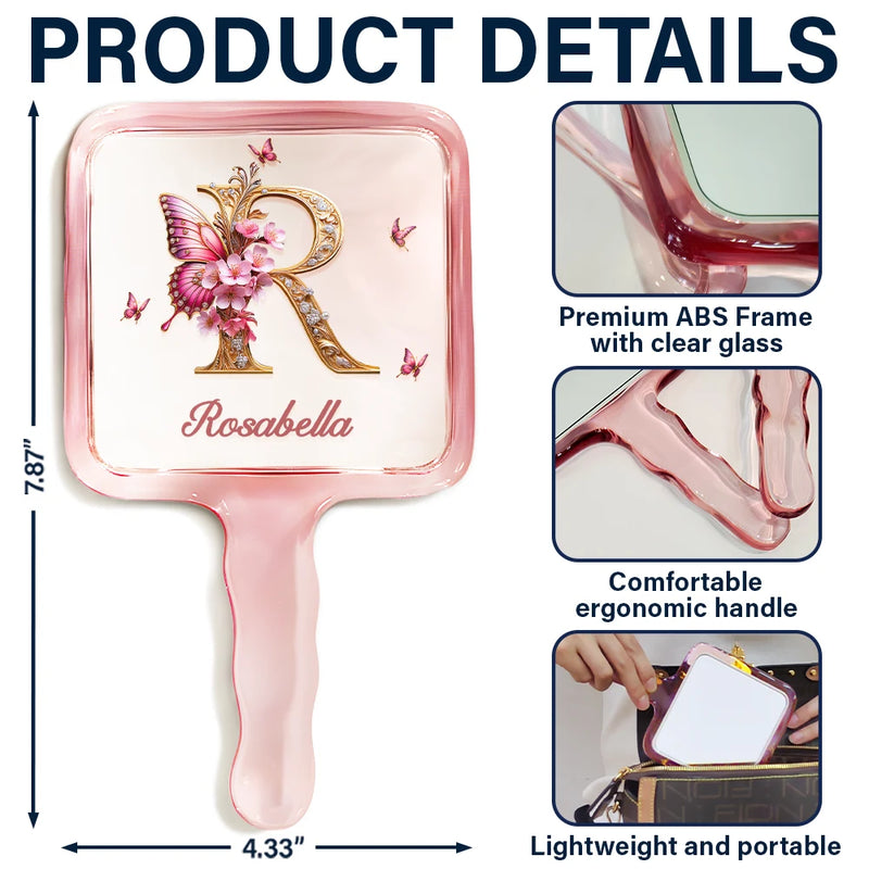 Gift For Yourself,Gift For Women,Happy,Gift For Daughter,Gift For Bestie,Gift For Sisters - Monogrammed Alphabet Butterfly - Personalized Handheld Mirror