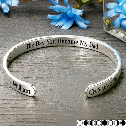 Moon Phase Icon The Day You Became My Dad Mom - Personalized Bangle Bracelet Cuff