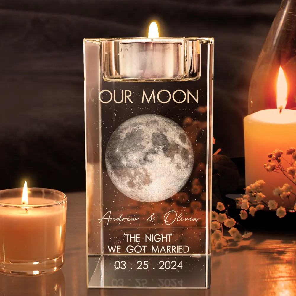 Gift For Couples,Gift For Husband,Gift For Wife,Gift For Boyfriend,Gift For Girlfriend,Parents,Gift For Mother,Gift For Father,Married ,Engaged,Love - Moon Phase The Beginning Of Our Forever - Personalized Crystal Candle Holder
