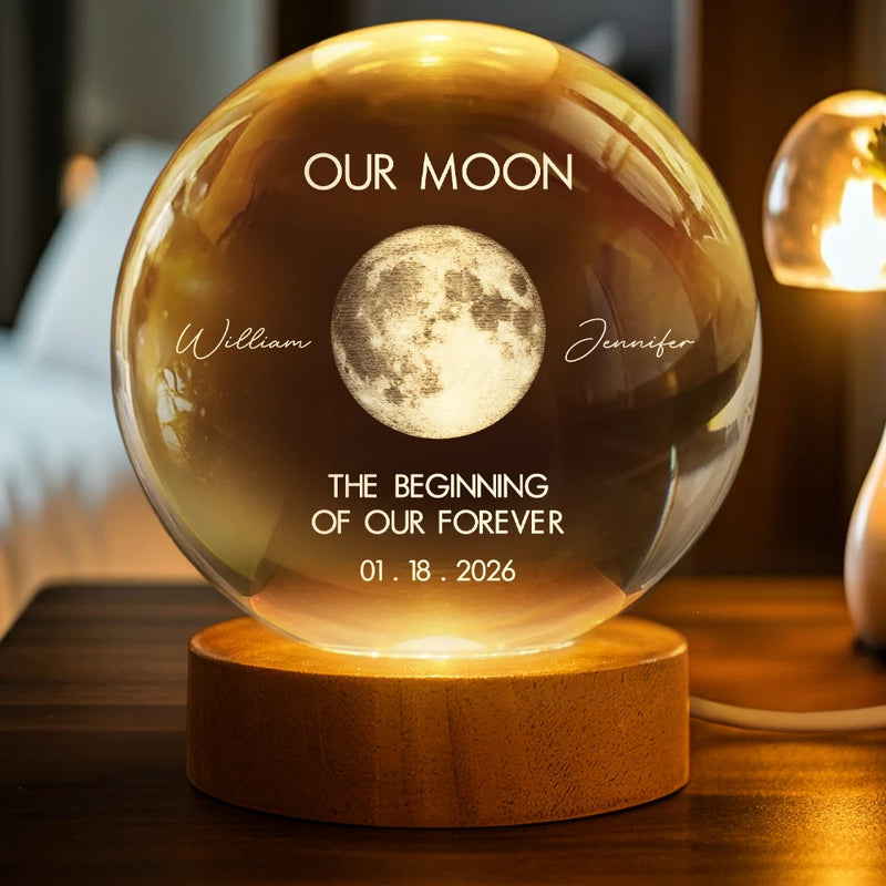 Gift For Couples,Old Couples,Gift For Husband,Gift For Wife,Gift For Boyfriend,Gift For Girlfriend,Love - Moon Phase The Beginning Of Our Forever - Personalized Crystal Globe Lamp