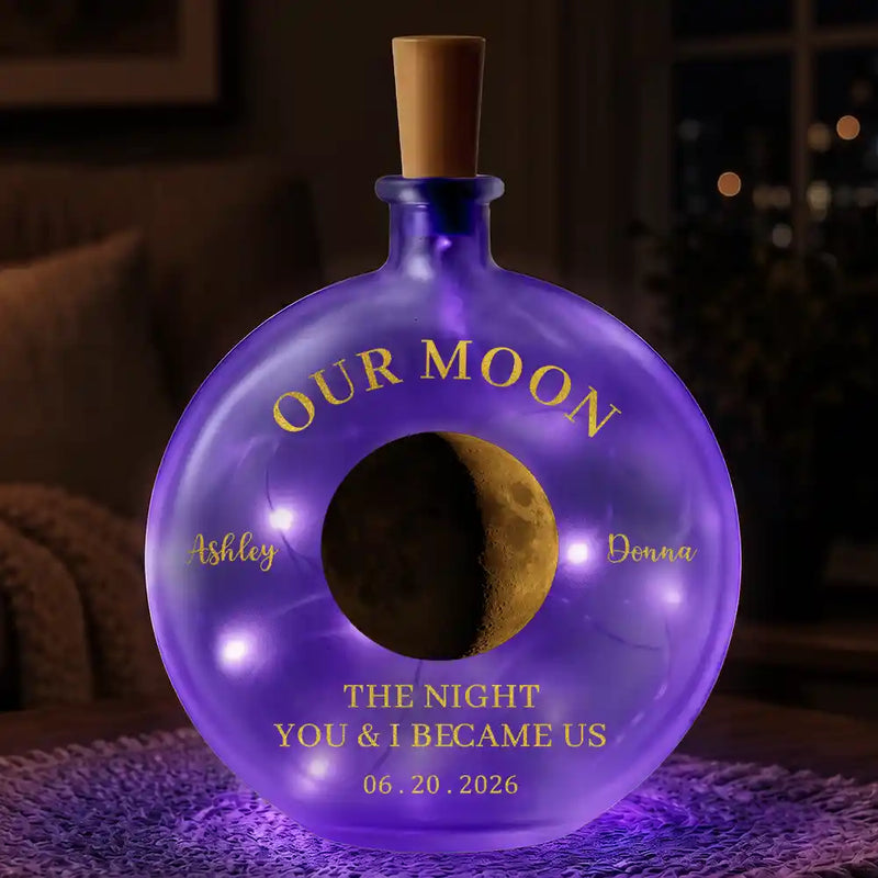Anniversary,Christmas,Romantic,Gift For Couples,Moon Phase - Moon Phase The Beginning Of Our Forever Couple - Personalized Round Flat Bottle Light