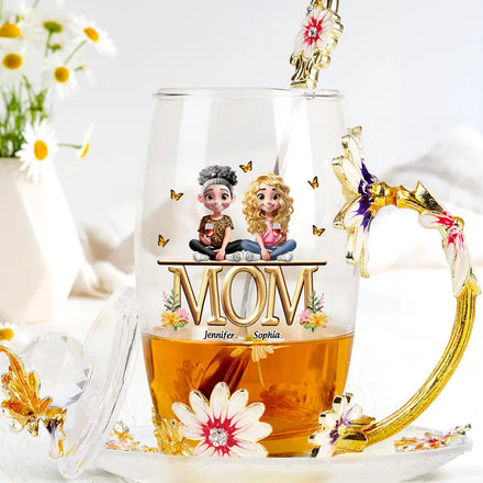 Mother And Children Together - Personalized Glass Flower Tea Cup