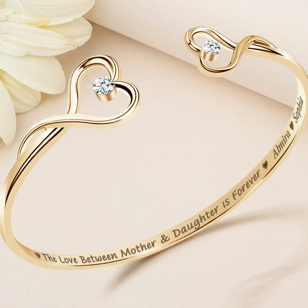 Gift For Mother, Gift For Daughter, Mom - Daughters (Adult), Mom - Daughters (Young), Love - Mother And Daughter Will Always Be Connected By Heart - Personalized Gem Heart Cuff Bracelet