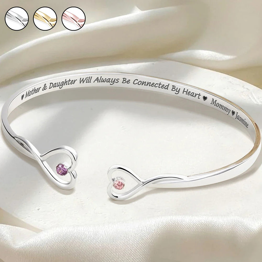 Gift For Mother, Gift For Daughter, Mom - Daughters (Adult), Mom - Daughters (Young), Love - Mother And Daughter Will Always Be Connected By Heart - Personalized Gem Heart Cuff Bracelet