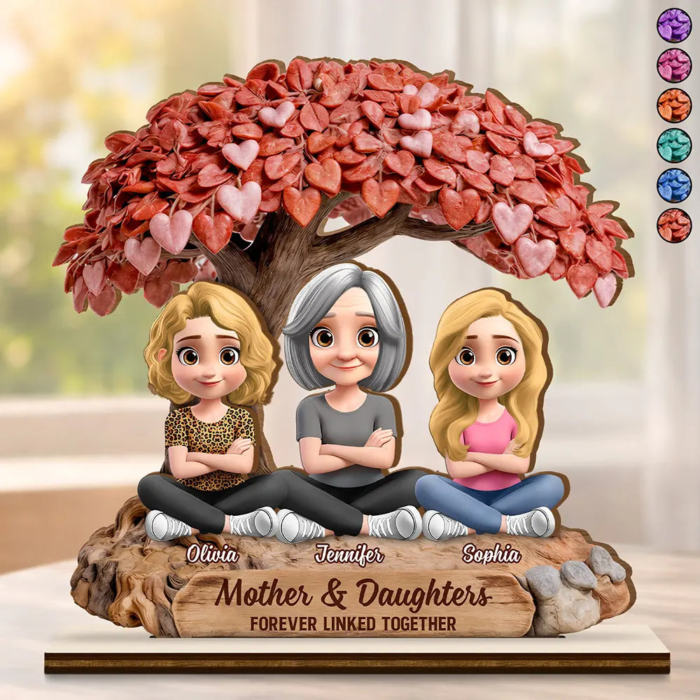 Mother And Daughters Forever Linked Together Under Heart Tree - Personalized Custom Shaped Wooden Plaque