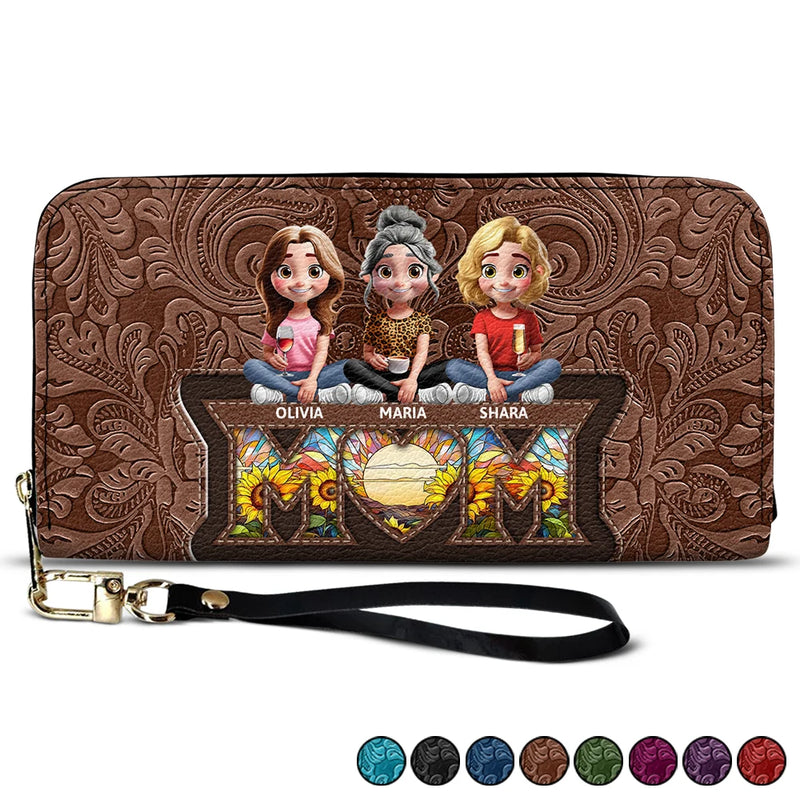 Mom - Daughters (Adult),Gift For Mother,Gift For Daughter,Happy - Mother Daughter Son We Love You Mom 3D Cartoon - Personalized Leather Long Wallet