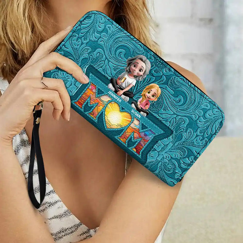 Mom - Daughters (Adult),Gift For Mother,Gift For Daughter,Happy - Mother Daughter Son We Love You Mom 3D Cartoon - Personalized Leather Long Wallet