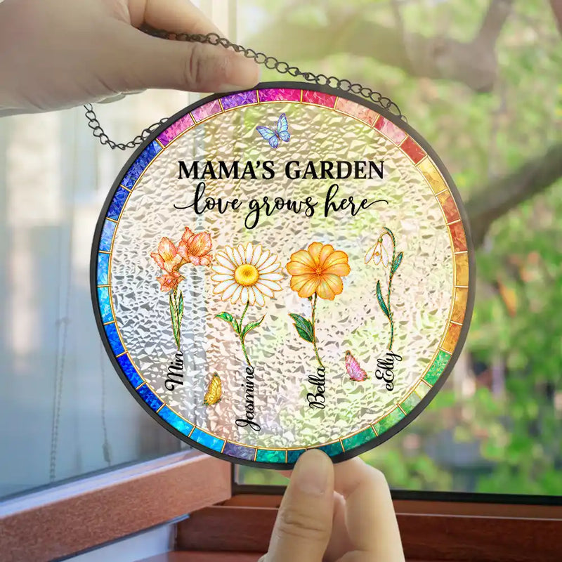 Gift For Grandma, Summer, Grateful, Icon - Mother Of Pearl Birth Flower Grandma's Garden - Personalized Stained Glass Window Hanging Suncatcher