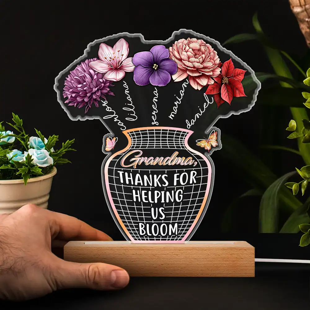 Gift For Mother,Love - Mother Thanks For Helping Us Bloom Birth Flower - Personalized 3D Led Light Wooden Base