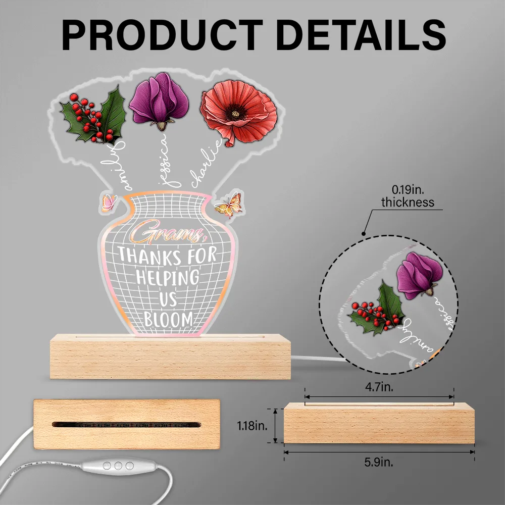 Gift For Mother,Love - Mother Thanks For Helping Us Bloom Birth Flower - Personalized 3D Led Light Wooden Base