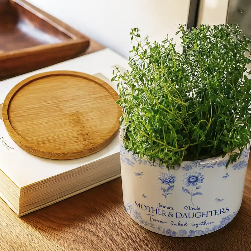 Gift For Mother, Mom - Daughters (Adult), Mom - Daughters (Young), Mom - Sons, Mom - Children, Love - Mother & Daughters Forever Linked Together - Personalized Ceramic Plant Pot