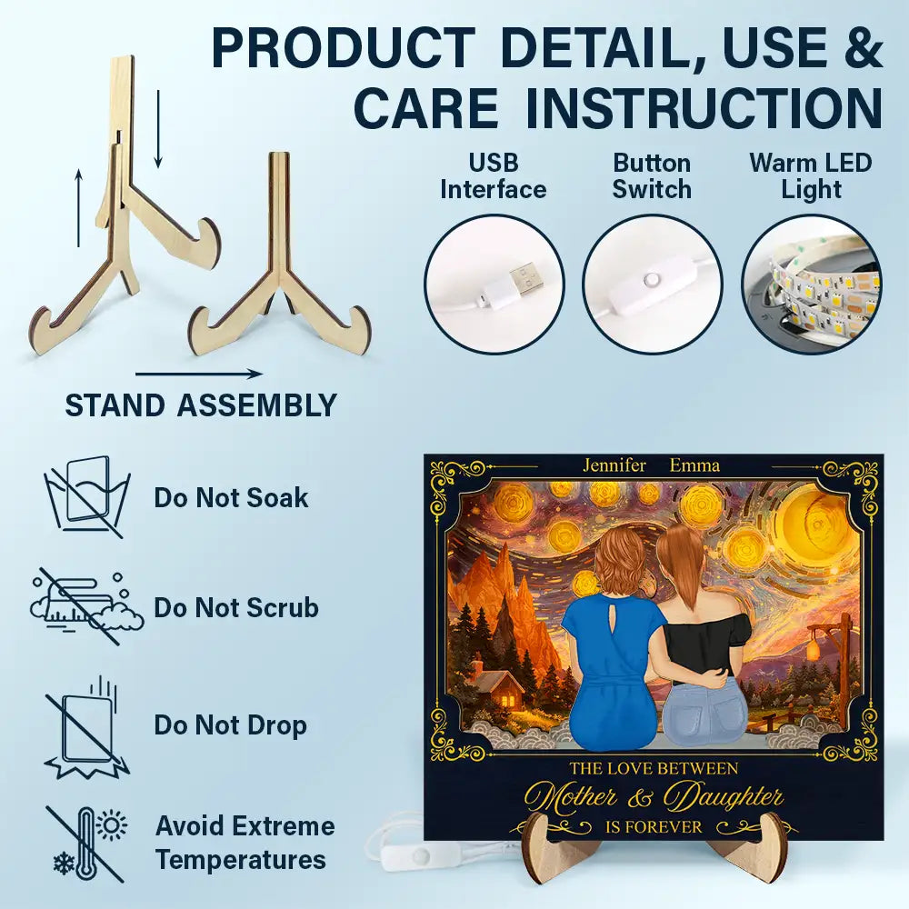 Gift For Mother, Dad - Daughters (Adult), Gift For Daughter, Love - Mother & Daughters Forever Linked Together - Personalized LED Light Wooden Plaque